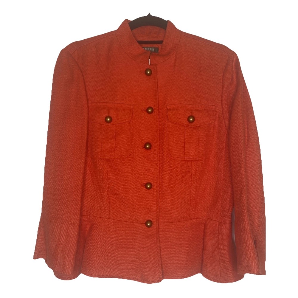 Lauren Ralph Lauren Jacket 100% Linen‎ Coral Red  Womens Sz 12 Peplum 3/4 Sleeve